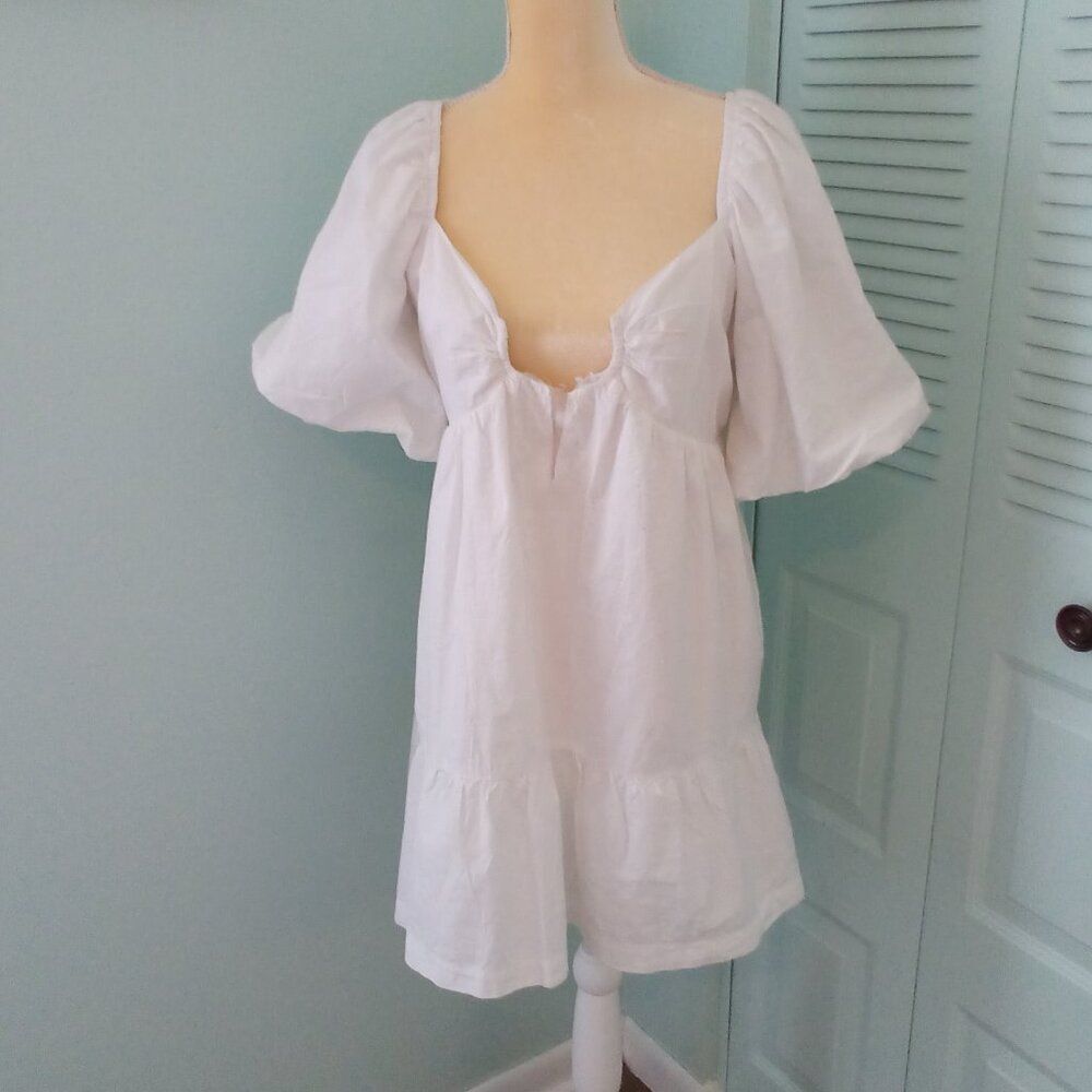 NWT SIM & SAM WHITE COTTON DRESS BALOON SLEEVES RUCHING RUFFLE LS BRIDAL SHOWER